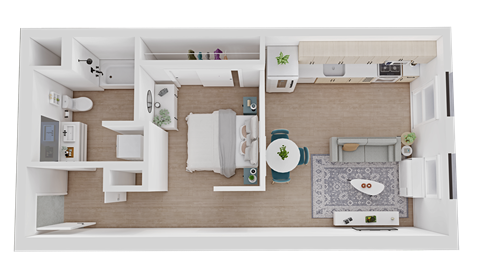 a floor plan of a one bedroom apartment with a bathroom and kitchen